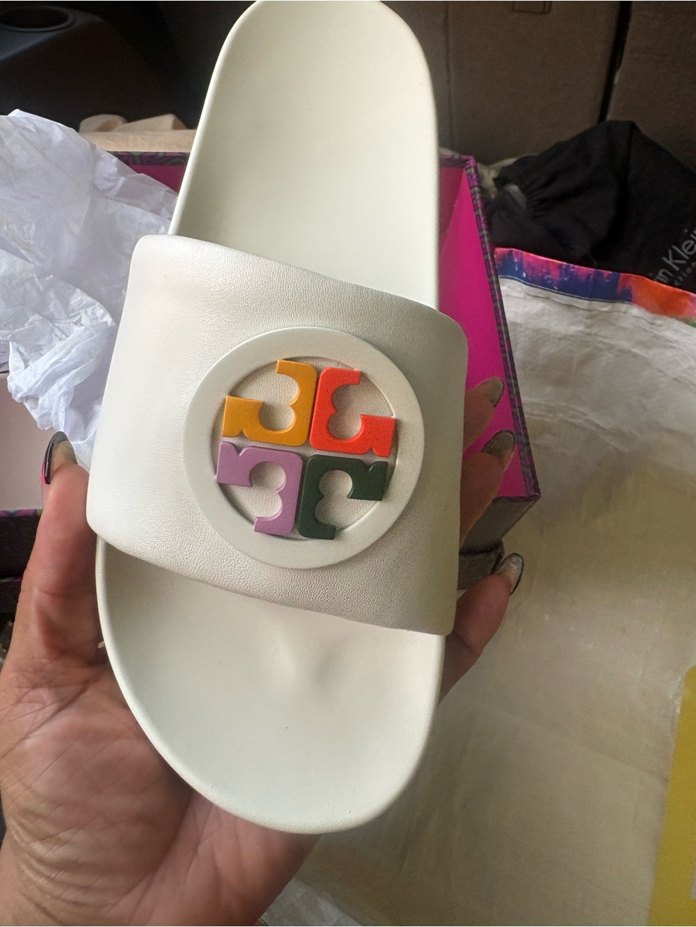 Brand New Tory Burch White Slide Sandal with Multicolor Logo Medallion